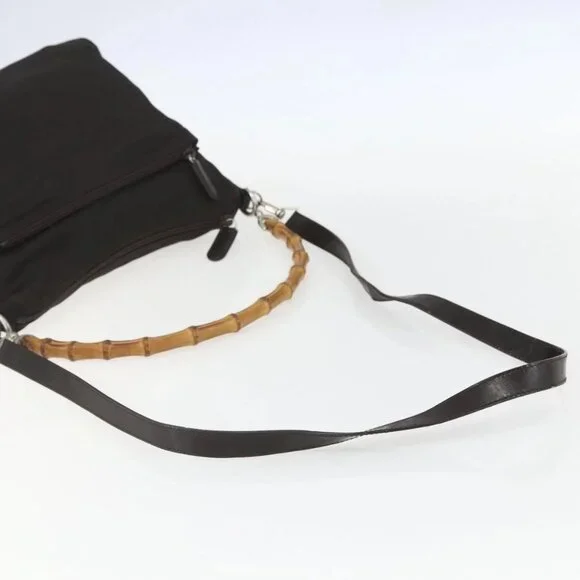 GUCCI Bamboo Shoulder Bag Nylon 2way Brown Silver Auth 151470